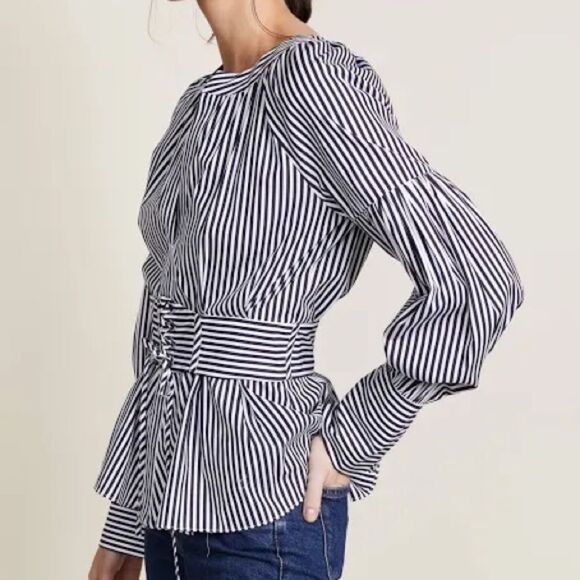 Parker Elena Pinstripe Blouse with Long  Sleeve & Corset Lacing. Size Medium. - Picture 3 of 9